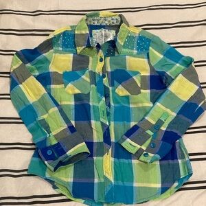 Justice Vibrant Plaid Button Down Shirt